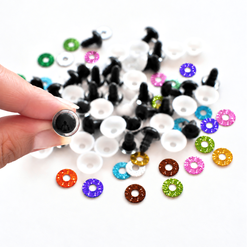 Olhos de Segurança com Glitter de 12 mm para Amigurumi – 1 Par com Glitter e Anilhas de Segurança