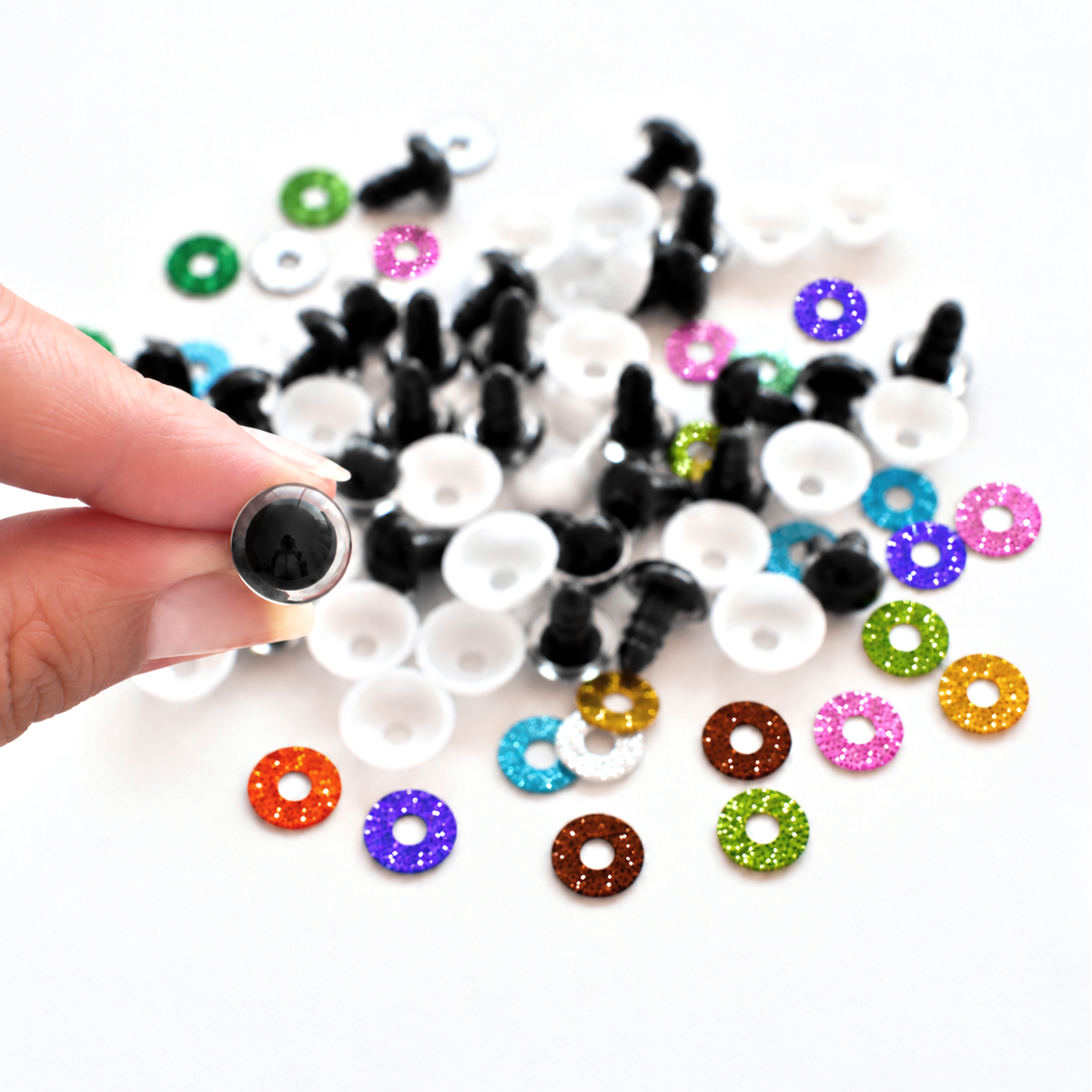 Olhos de Segurança com Glitter de 12 mm para Amigurumi – 1 Par com Glitter e Anilhas de Segurança