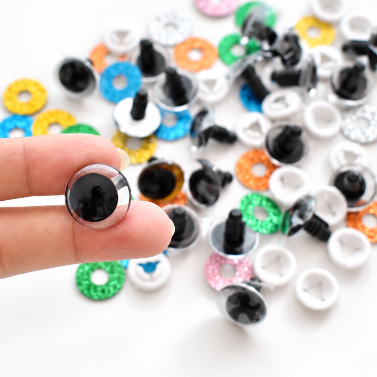 Olhos de Segurança com Glitter de 18 mm espessura fina para Amigurumi – 1 Par com Glitter e Anilhas de Segurança
