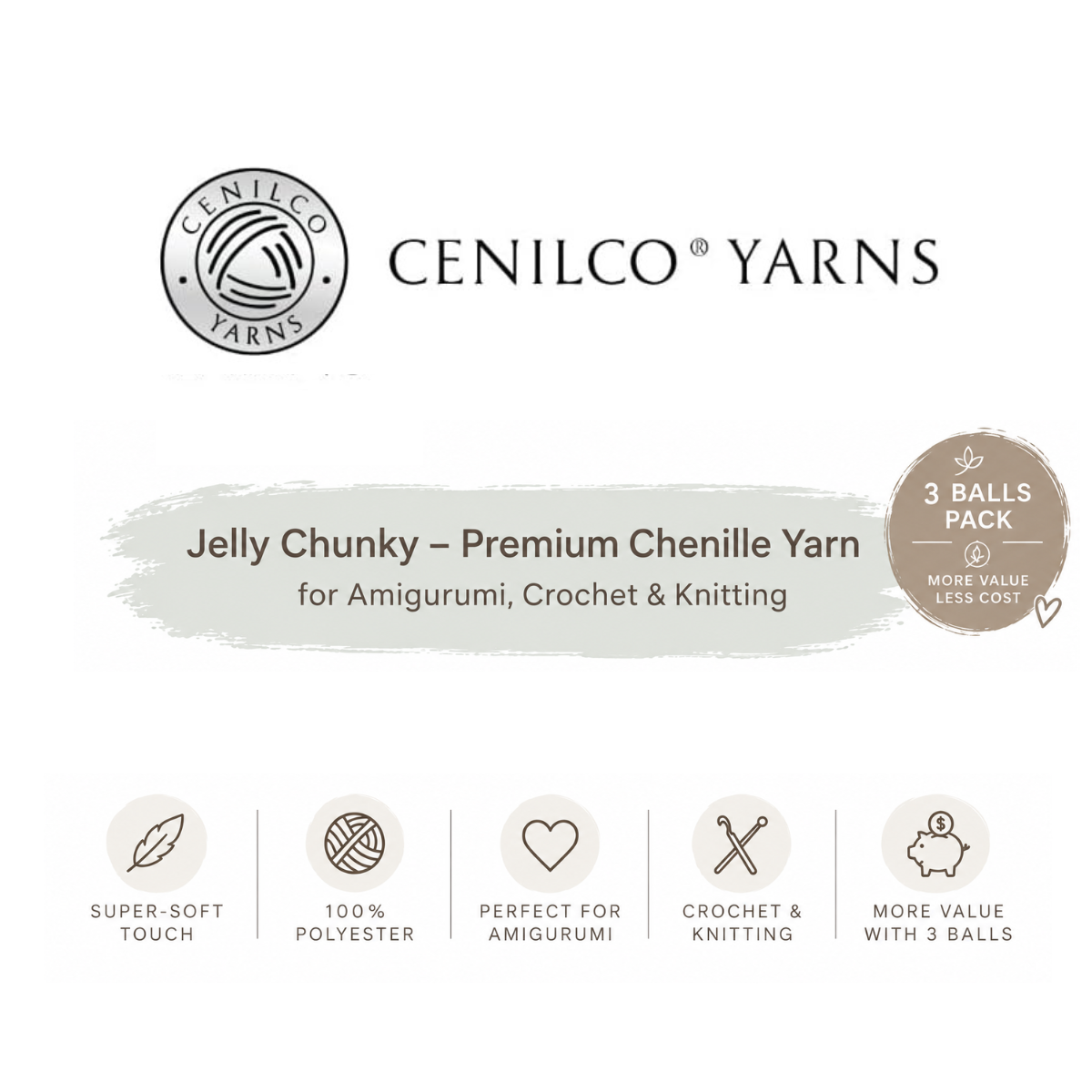 3 Novelos – Jelly Chunky – Fio de chenille premium para amigurumi, crochet e tricô